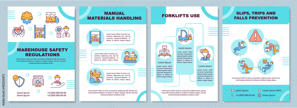 Warehouse regulation brochure template. Slips, trips, falls precaution. Flyer, booklet, leaflet print, cover design with linear icons. Vector layouts for magazines, annual reports, advertising posters