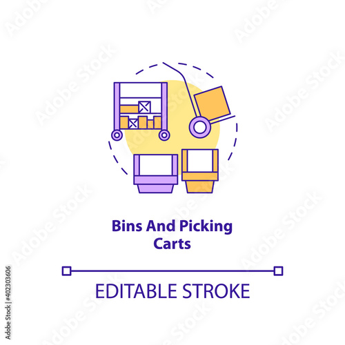 Bins and picking carts concept icon. Key warehouse equipment. Storage for your business items. Product idea thin line illustration. Vector isolated outline RGB color drawing. Editable stroke