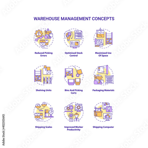 Warehouse management concept icons set. Reduced picking errors. Optimise stock control. Maximised use of space idea thin line RGB color illustrations. Vector isolated outline drawings. Editable stroke