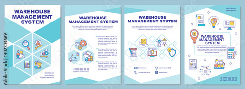 Warehouse management system brochure template. Storehouse organization. Flyer, booklet, leaflet print, cover design with linear icons. Vector layouts for magazines, annual reports, advertising posters