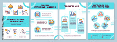Warehouse regulation brochure template. Slips, trips, falls precaution. Flyer, booklet, leaflet print, cover design with linear icons. Vector layouts for magazines, annual reports, advertising posters