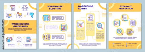Warehousing guidelines brochure template. Stockout prevention. Flyer, booklet, leaflet print, cover design with linear icons. Vector layouts for magazines, annual reports, advertising posters