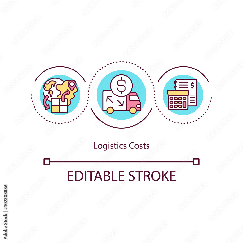 Logistic cost concept icon. Shipping calculator. Transportation service price. Storehouse management idea thin line illustration. Vector isolated outline RGB color drawing. Editable stroke