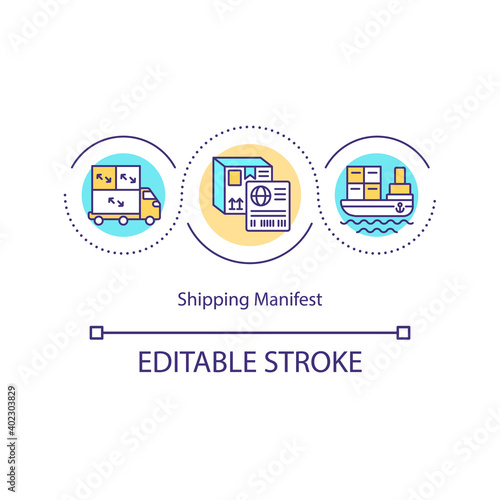 Shipping manifest concept icon. Cargo document. Logistic customs. Freight transportation. Storehouse management idea thin line illustration. Vector isolated outline RGB color drawing. Editable stroke