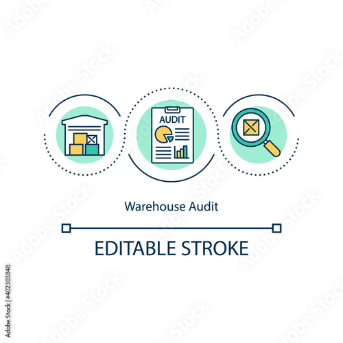 Warehouse audit concept icon. Storage space assessment and optimization. Storehouse management idea thin line illustration. Vector isolated outline RGB color drawing. Editable stroke