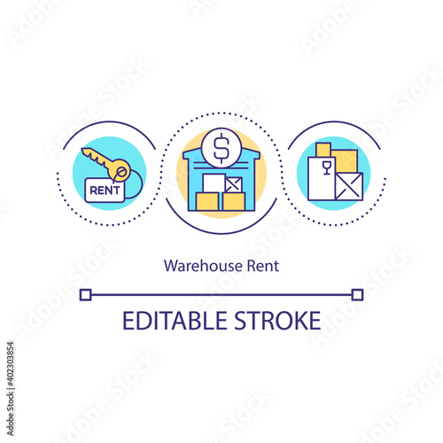Warehouse rent concept icon. Storehouse monthly cost. Lease price for garage. Storage management idea thin line illustration. Vector isolated outline RGB color drawing. Editable stroke