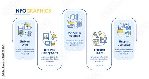 Storehouse vector infographic template. Warehouse management presentation design elements. Data visualization with 5 steps. Process timeline chart. Workflow layout with linear icons