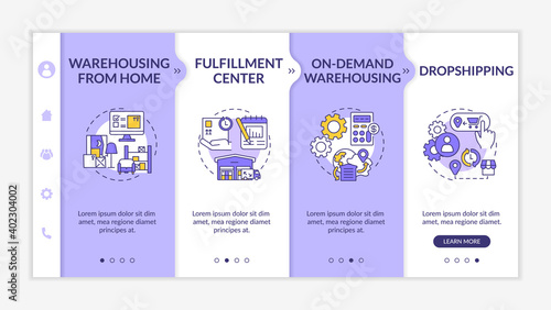 Online service for warehouse onboarding vector template. Dropshipping delivery. Logistics management. Responsive mobile website with icons. Webpage walkthrough step screens. RGB color concept