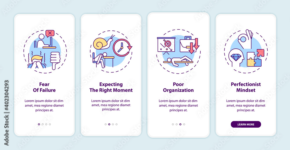 Procrastination reasons onboarding mobile app page screen with concepts. Failure fear, poor organization walkthrough 4 steps graphic instructions. UI vector template with RGB color illustrations