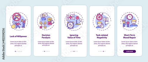 Procrastination reasons onboarding mobile app page screen with concepts. Decision paralysis, willpower lack walkthrough 5 steps graphic instructions. UI vector template with RGB color illustrations
