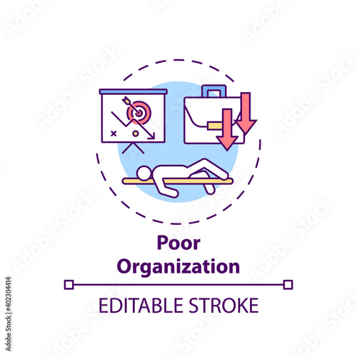 Poor organization concept icon. Procrastination reason idea thin line illustration. Motivation and discipline lacking. Disorganization. Vector isolated outline RGB color drawing. Editable stroke