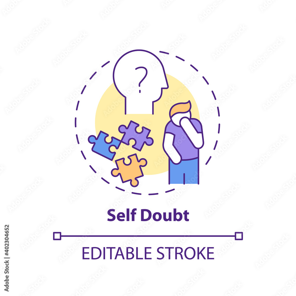 Self-doubt concept icon. Procrastination effect idea thin line illustration. Emotional suffering. Persistent need for reassurance. Vector isolated outline RGB color drawing. Editable stroke Self-doubt concept icon. Procrastination effect idea thin line illustration. Emotional suffering. Persistent need for reassurance. Vector isolated outline RGB color drawing. Editable stroke