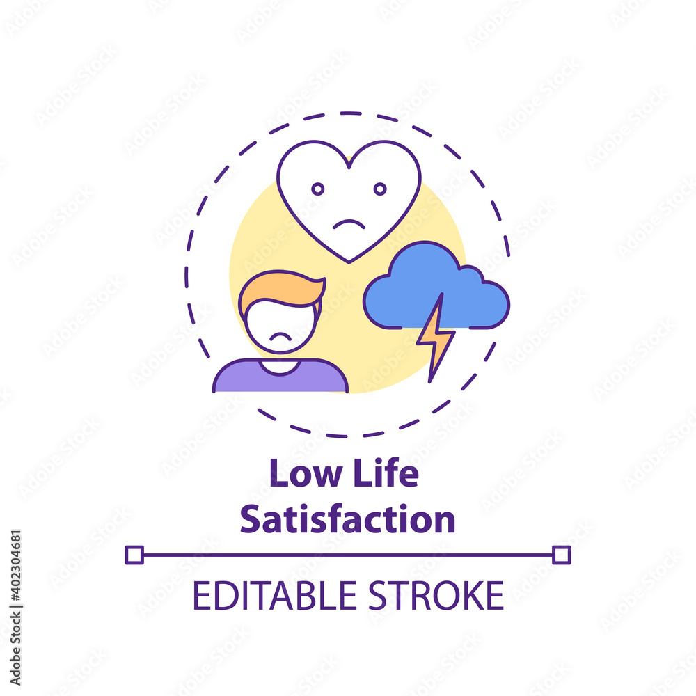 Low life satisfaction concept icon. Procrastination effect idea thin line illustration. Depression symptoms. Long-lasting sadness, fatigue. Vector isolated outline RGB color drawing. Editable stroke Low life satisfaction concept icon. Procrastination effect idea thin line illustration. Depression symptoms. Long-lasting sadness, fatigue. Vector isolated outline RGB color drawing. Editable stroke