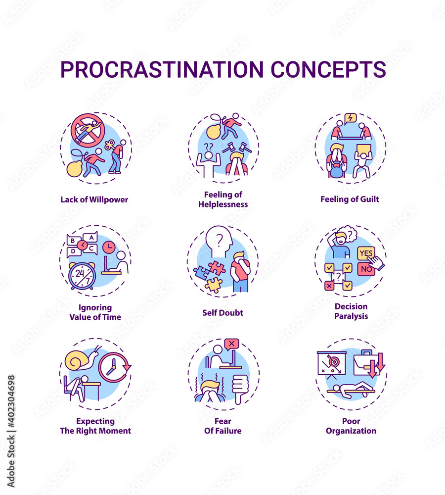 Procrastination concept icons set. Poor organization idea thin line RGB color illustrations. Willpower lacking. Self doubt. Decision paralysis. Vector isolated outline drawings. Editable stroke