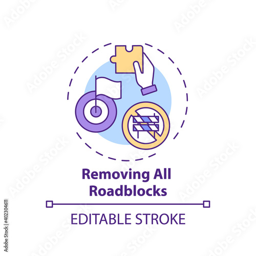 Removing all roadblocks concept icon. Overcoming procrastination tip idea thin line illustration. Setting goals. Not waiting for perfection. Vector isolated outline RGB color drawing. Editable stroke