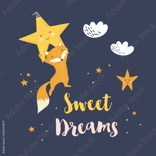 Vector illustration with cute fox holding a star, cute character poster for baby room, greeting card, kids and baby t-shirts and apparel