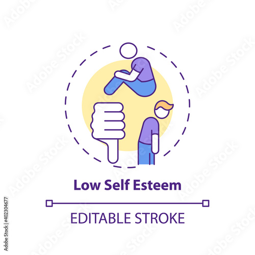 Low self esteem concept icon. Procrastination effect idea thin line illustration. Feeling badly about oneself. Confidence lacking. Vector isolated outline RGB color drawing. Editable stroke