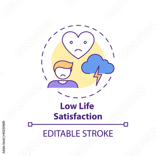 Low life satisfaction concept icon. Procrastination effect idea thin line illustration. Depression symptoms. Long-lasting sadness, fatigue. Vector isolated outline RGB color drawing. Editable stroke