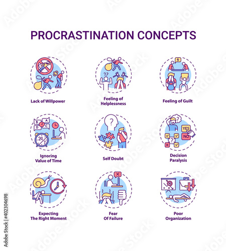 Procrastination concept icons set. Poor organization idea thin line RGB color illustrations. Willpower lacking. Self doubt. Decision paralysis. Vector isolated outline drawings. Editable stroke
