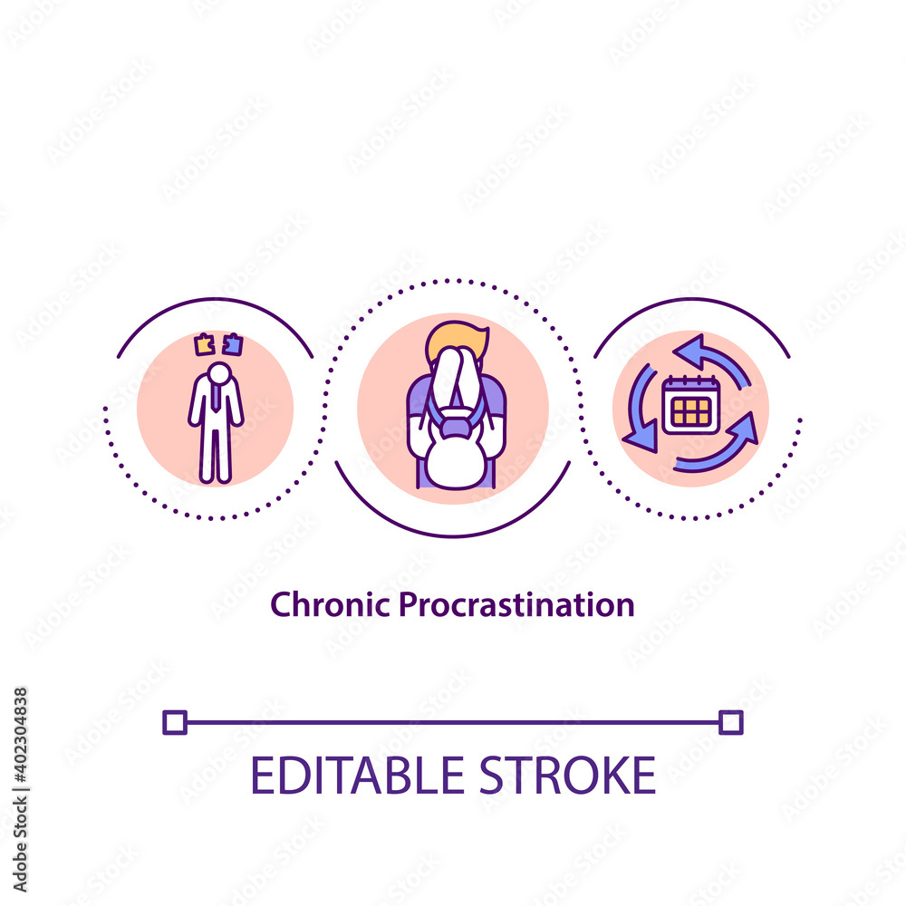 Chronic procrastination concept icon. Struggle to finish any task in all parts of your life. Laziness idea thin line illustration. Vector isolated outline RGB color drawing. Editable stroke