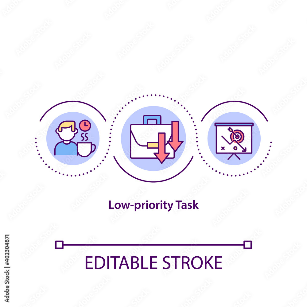 Low priority task concept icon. Not important things to do during your work day. Scheduling tasks idea thin line illustration. Vector isolated outline RGB color drawing. Editable stroke