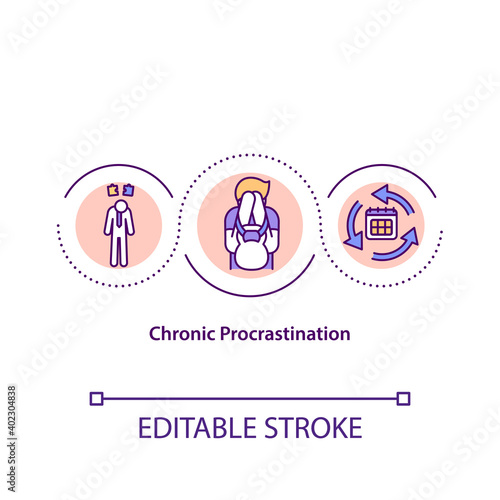 Chronic procrastination concept icon. Struggle to finish any task in all parts of your life. Laziness idea thin line illustration. Vector isolated outline RGB color drawing. Editable stroke