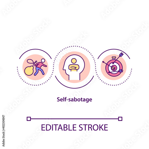 Self sabotage concept icon. Actively or passively take steps to prevent from reaching goals. Procrastination idea thin line illustration. Vector isolated outline RGB color drawing. Editable stroke