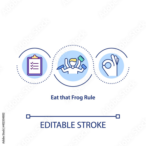 Eat that frog rule concept icon. Different tasks you are likely to avoid completing. Success idea thin line illustration. Vector isolated outline RGB color drawing. Editable stroke
