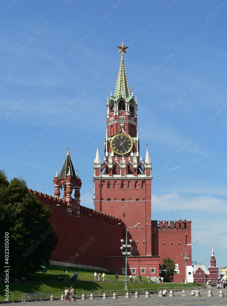Spasskaya Tower with chiming clock on Red Square, Moscow Kremlin, Russia Spasskaya Tower with chiming clock on Red Square, Moscow Kremlin, Russia