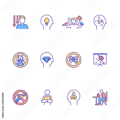 Procrastination RGB color icons set. Motivational psychology. Procrastinatory cognitions. Low priority task. Super productive. Student syndrome solving. Isolated vector illustrations