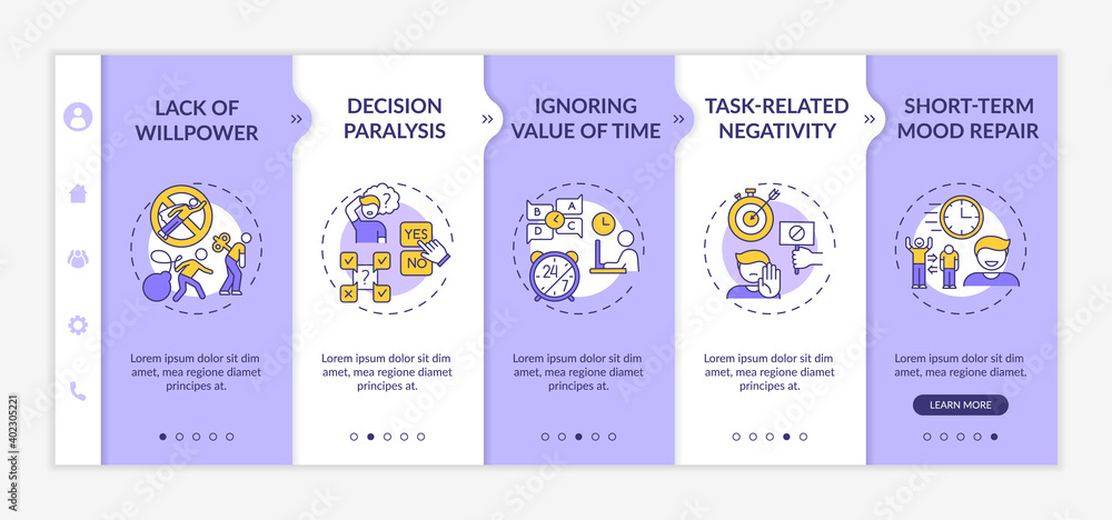 Delaying tasks habit reasons onboarding vector template. Willpower lack. Ignoring time value. Responsive mobile website with icons. Webpage walkthrough step screens. RGB color concept