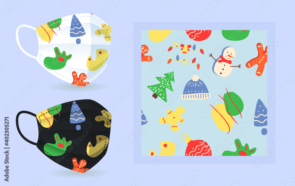 Naklejka premium New Year white, black face mask mockup with modern abstract seamless pattern. Christmas pattern. Flat vector shapes. Texture with trendy cartoon color icons. Decorative design with graphic elements