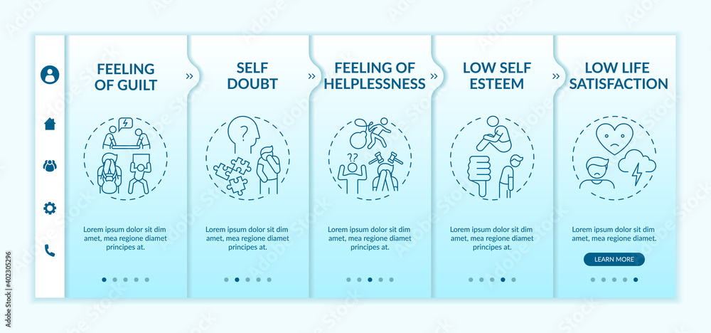 Delaying tasks habit effects onboarding vector template. Self doubt. Low life satisfaction. Helpless feeling. Responsive mobile website with icons. Webpage walkthrough step screens. RGB color concept