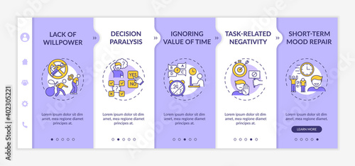 Delaying tasks habit reasons onboarding vector template. Willpower lack. Ignoring time value. Responsive mobile website with icons. Webpage walkthrough step screens. RGB color concept