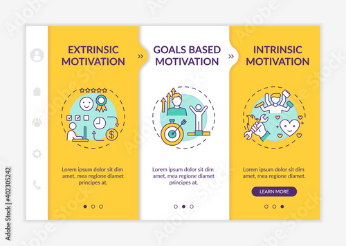 Motivation variety onboarding vector template. Extrinsic encouragement. Intrinsic stimulation. Responsive mobile website with icons. Webpage walkthrough step screens. RGB color concept
