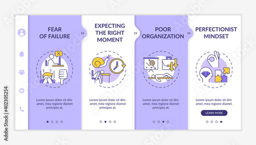 Delaying tasks habit causes onboarding vector template. Failure fear. Expecting right moment. Responsive mobile website with icons. Webpage walkthrough step screens. RGB color concept