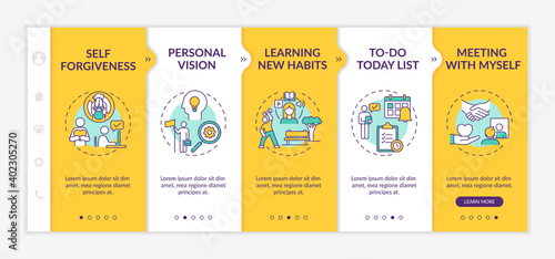 Fighting delaying tasks habit methods onboarding vector template. Self forgiveness. To-do today list. Responsive mobile website with icons. Webpage walkthrough step screens. RGB color concept