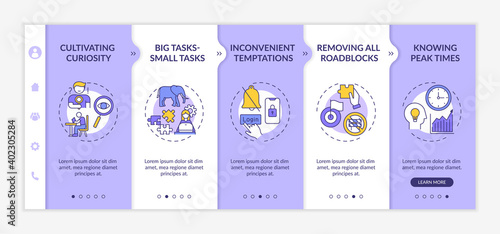 Overcoming delaying tasks habit tips onboarding vector template. Curiosity cultivation. Knowing peak times. Responsive mobile website with icons. Webpage walkthrough step screens. RGB color concept