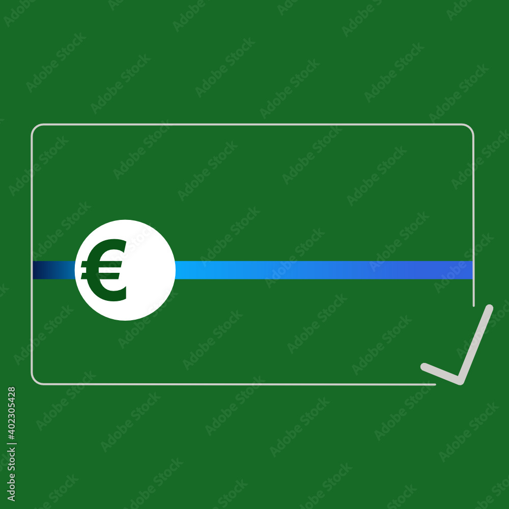Symbol einer Kreditkarte mit Eurozeichen im weißen Kreis und einen Haken unten rechts vor grünem Hintergrund