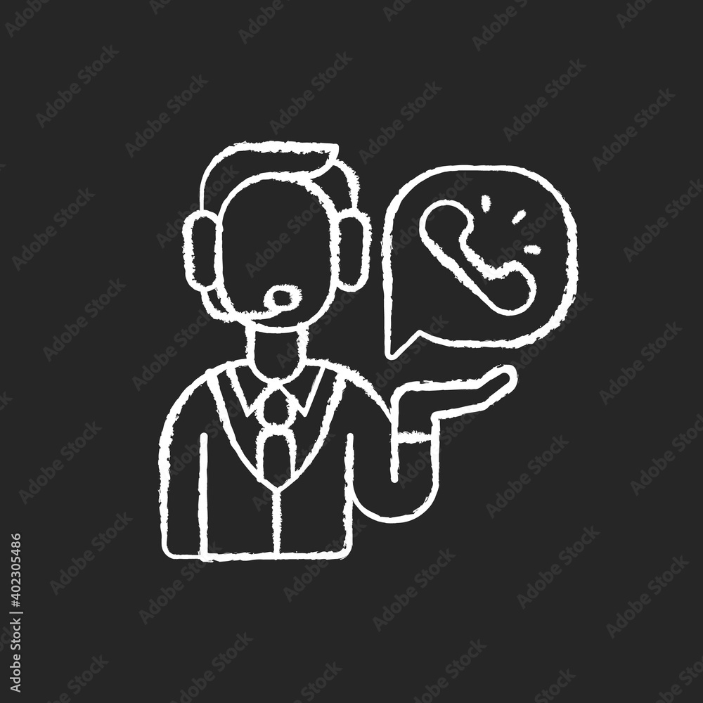 Telemarketing chalk white icon on black background. Method of direct marketing in which salesperson proposes customers to buy products or services. Isolated vector chalkboard illustration Telemarketing chalk white icon on black background. Method of direct marketing in which salesperson proposes customers to buy products or services. Isolated vector chalkboard illustration