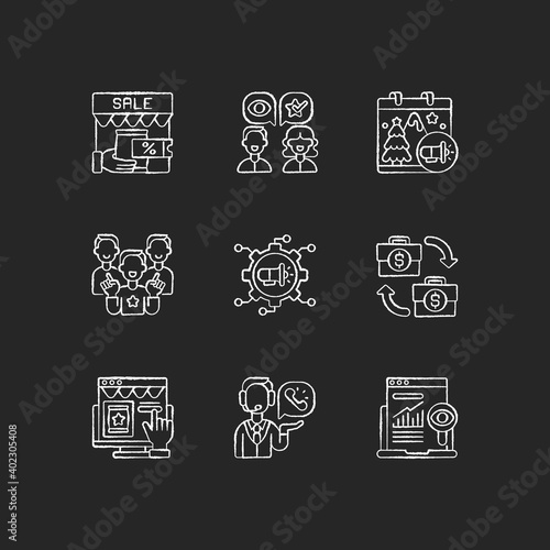 Marketing strategies chalk white icons set on black background. Using modern search engines to get target audience for product and service selling. Isolated vector chalkboard illustrations