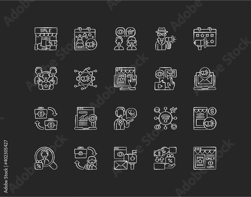 Marketing strategies chalk white icons set on black background. Transactional type of advertising your company product or service. Holidays gift selling. Isolated vector chalkboard illustrations