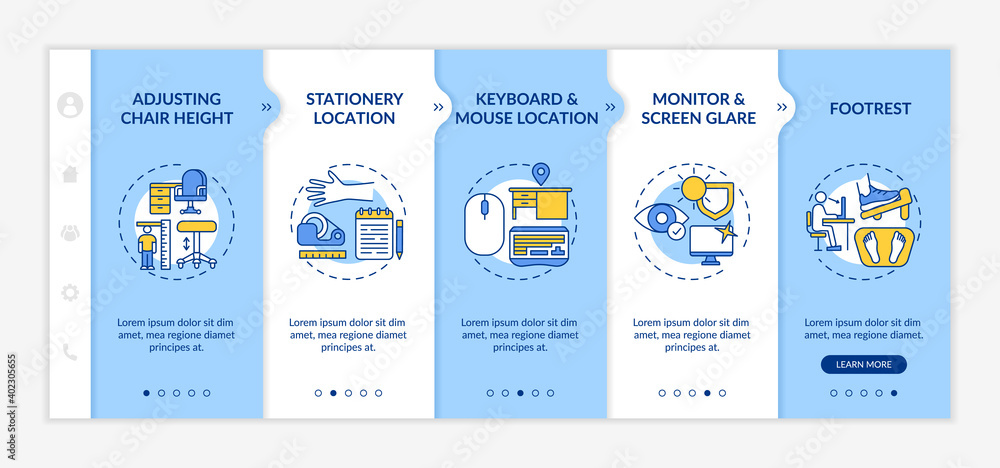 Office workplace safety tips onboarding vector template. Chair height. Keyboard and mouse location. Footrest. Responsive mobile website with icons. Webpage walkthrough step screens. RGB color concept
