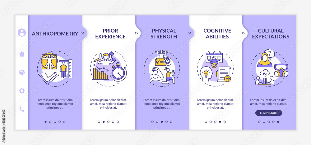 Human factors in workplace safety onboarding vector template. Physical strength. Cultural expectations. Responsive mobile website with icons. Webpage walkthrough step screens. RGB color concept