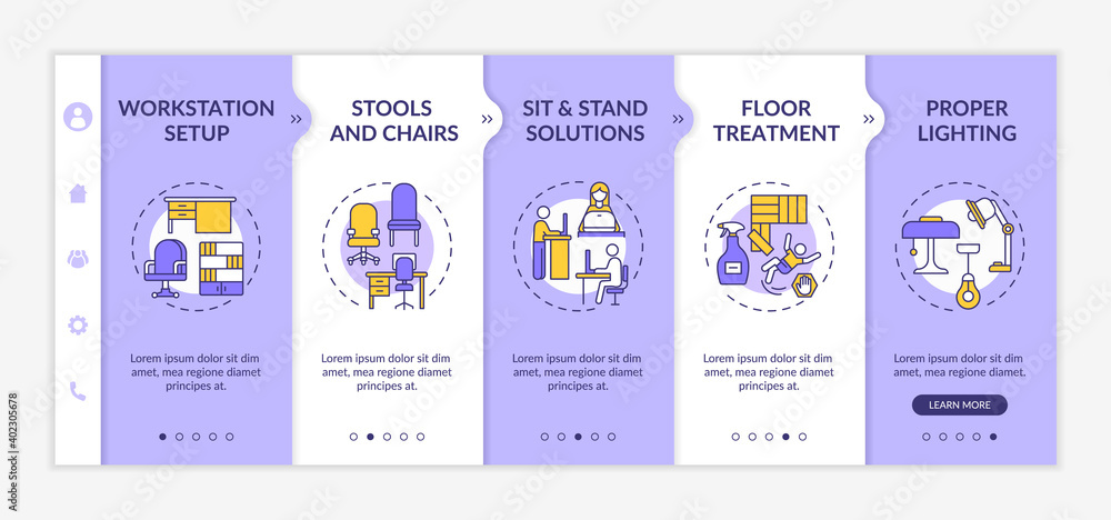 Ergonomic workplace design onboarding vector template. Work station setup. Sit and stand solutions. Lighting. Responsive mobile website with icons. Webpage walkthrough step screens. RGB color concept