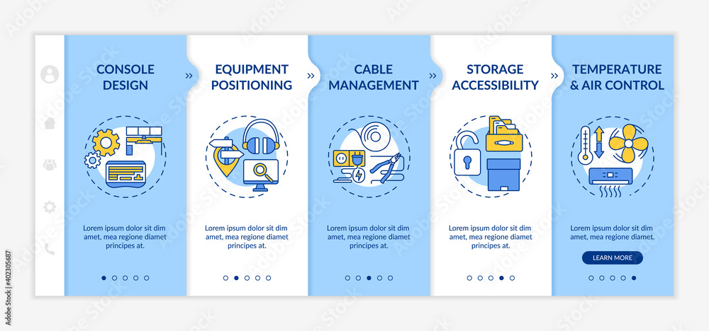 Ergonomics in control room onboarding vector template. Console design. Cable management. Temperature control. Responsive mobile website with icons. Webpage walkthrough step screens. RGB color concept