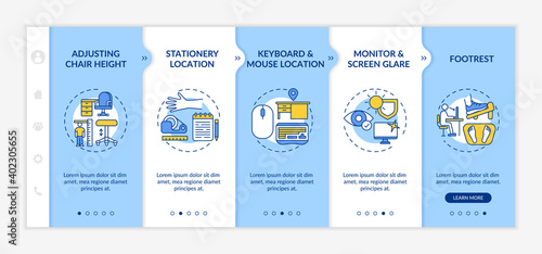 Office workplace safety tips onboarding vector template. Chair height. Keyboard and mouse location. Footrest. Responsive mobile website with icons. Webpage walkthrough step screens. RGB color concept