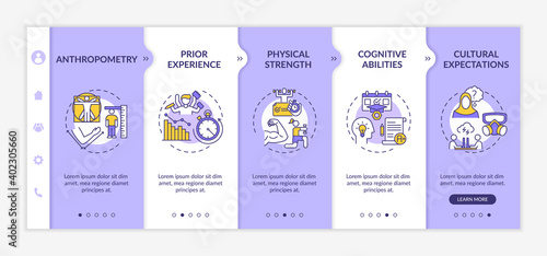 Human factors in workplace safety onboarding vector template. Physical strength. Cultural expectations. Responsive mobile website with icons. Webpage walkthrough step screens. RGB color concept
