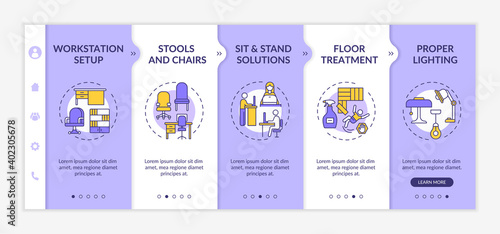 Ergonomic workplace design onboarding vector template. Work station setup. Sit and stand solutions. Lighting. Responsive mobile website with icons. Webpage walkthrough step screens. RGB color concept