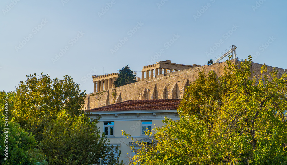 The Parthenon in Athens, Greece on the hill seen from the Temple of Olympian Zeus